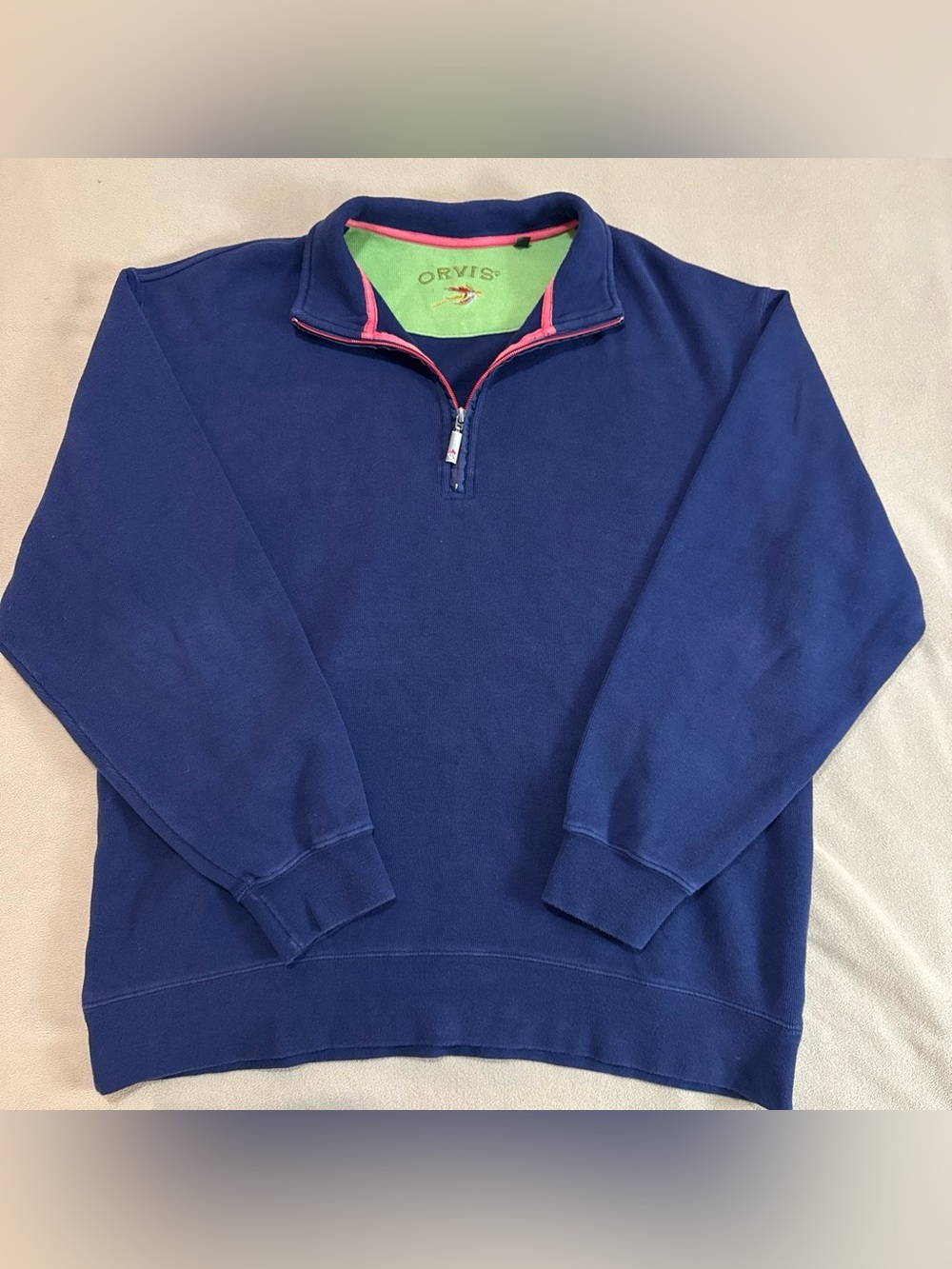 Orvis Navy Quarter-Zip Sweater with Pink Trim and Green Lining